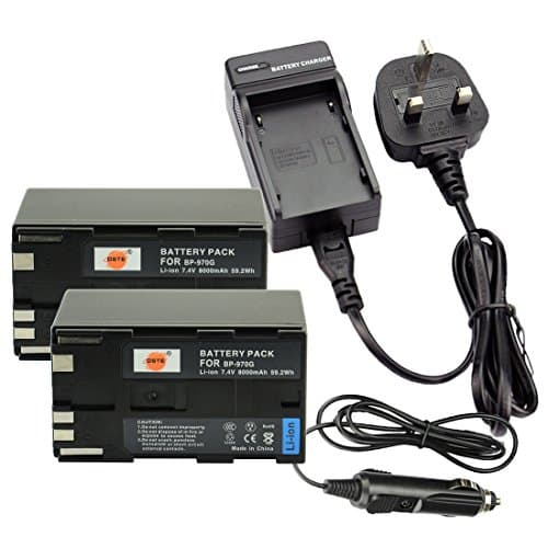 Image of DSTE 2pcs BP-970G Rechargeable Li-ion Battery + DC25U Travel and Car Charger Compatible for Canon BP-975, XLH1, XHG1, XHA1, XL2, XM2, XH G1S, XH A1S, XL H1S, XL H1A, XF305, XF300 Digital Camera