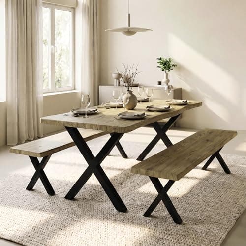 Image of Blisswood Large Dining Table with Bench Set 4–6 Seater, 160cm Industrial Wooden Kitchen Table with 2 Benches, Metal Cross Leg Frame, Faux Live Edge Top with 3D Wood Finish, Dining Room Set, Light Oak