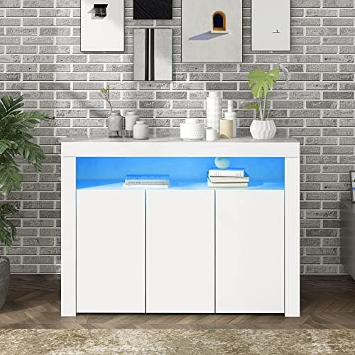 Image of ModernLuxe High Gloss Sideboard Display Cabinet with LED Lights and App Control 3-Door Wood Buffet Cupboard Storage 16 Colors and 4 Lighting Effect for Kitchen Living Room Dining Room Hallway-White