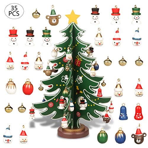 Image of YiYa Mini Wooden Tabletop Christmas Tree Christmas Toy Set with 30 Mini Christmas Ornaments and 1 Star Treetop for Christmas Decoration Tabletop Decors (L)