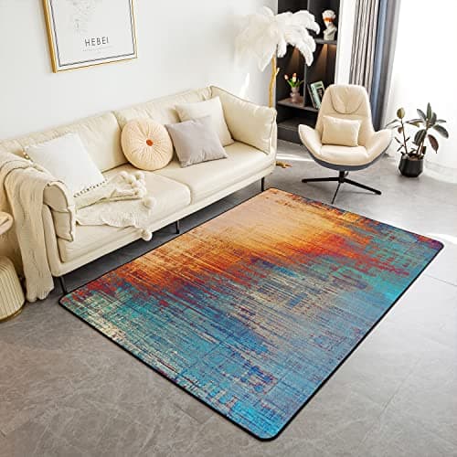 Image of Loussiesd Grunge Abstract Art Area Rug Kids Teal Orange Messy Rust Painting Rugs for Living Room Bedroom Women Men Modern Vintage Retro Carpet Accent Rug Floor Mat Decor 150 * 200cm