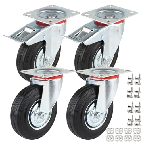 Image of IQWTU Heavy Duty Castor Wheels,125MM Furniture Castors with Brakes, Rubber Swivel Caster Trolley Wheels, Set of 4 Industrial Plate Casters Capacity 400KG(2 with Brakes and 2 without)