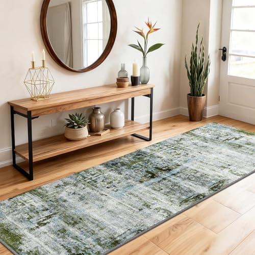 Image of SOANNY Runner Rug, 60x180 cm Abstract Low Pile Carpet, Non-Slip Washable Area Mat for Bedroom, Hallway, Kitchen, Laundry, Entryway, Utility, Beside Sofa, Office, Moss Green