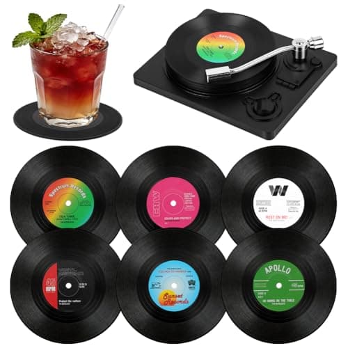 Image of AOOWU Black CD Record Coasters, 6 Pack Funny Retro Vinyl Record Coasters with Player, Music Coasters Set for Drinks, Bars, Cafes, Home, Party, Office, Gifts for Music Lovers, Birthday Gifts for Men