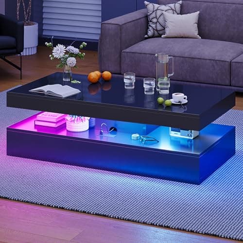 Image of Nordivale Modern Coffee Table with LED Lights, 2 Drawer Storage, Wooden Coffee Table with Charging Station, USB Ports & Power Outlet, Rectangle Coffee End Table for Home, Office & Living Room - Black