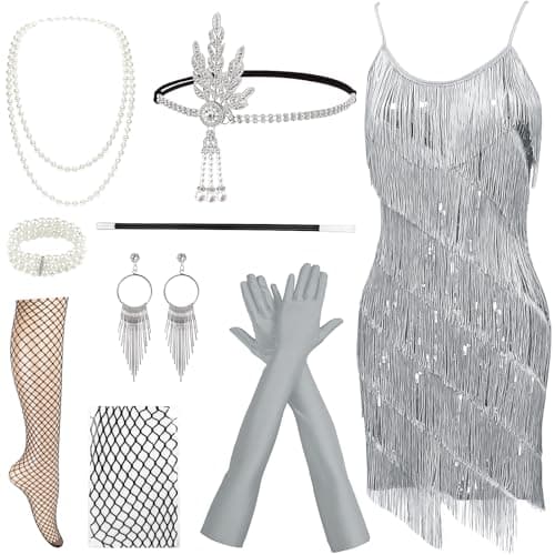 Image of XJGQZ 8 Pack Women's 1920s Sequin Fringed Vintage Flapper Dress Cocktail Party Dress with 20s Accessories Costume Set (Silver, M)