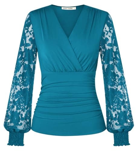 Image of GRACE KARIN Women’s Tops Sexy 1950s Vintage Casual Top Shirt Elegant Wrap V-Neck Ruched Peplum Going Out Blouses for Party XL Size 18 Teal