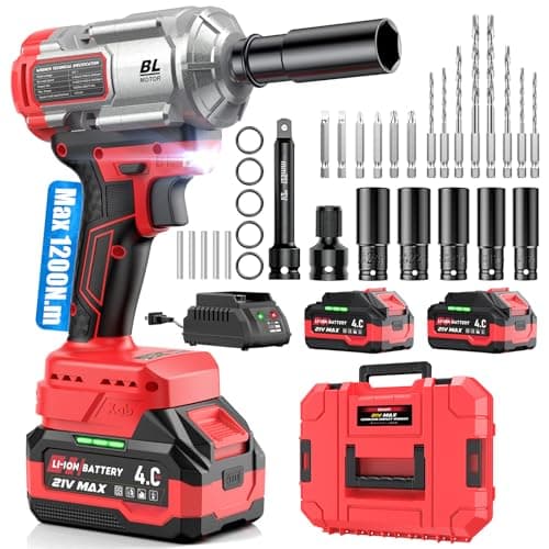 Image of XIAZIR Cordless Impact Wrench 1200Nm, Impact Driver & Impact Drill 1/2" Brushless Power Tool with 2×4.0Ah Batteries, 5 Sockets, 8 Drill Bits, 5 Driver Bits, Extension Bar & Adapter for Car, Van & DIY