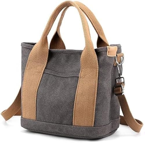 Image of Tuobo Denim Grey Women's Canvas Tote Bag with Zipper, Multi-Pocket, Crossbody, Hobo, Medium (9" x 5.9" x 8.3")