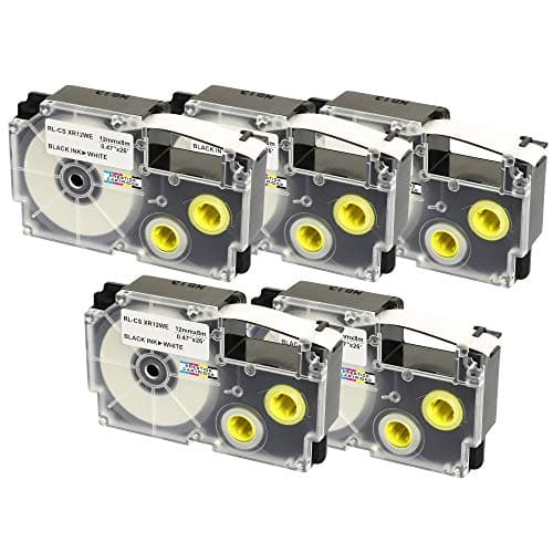 Image of 5X Compatible Ribbon Label Tapes XR-12WE XR-12WE1 Black on White 12mm x 8m Replacement for Casio KL-60 100 100E 120 200 300 750 780 820 2000 7000 7200 7400 8100 8200 P1000 C500 CW-L300 Label