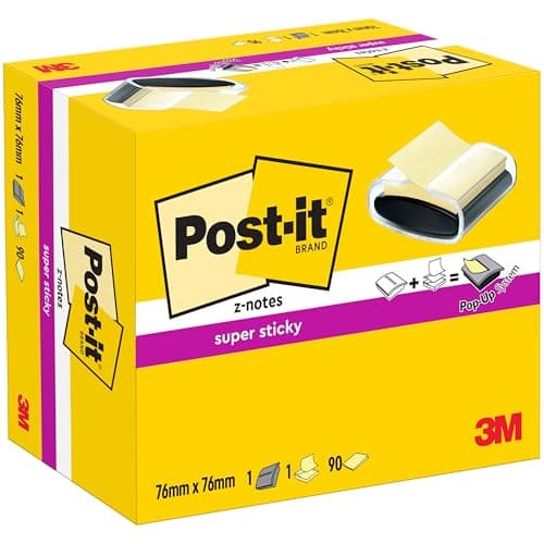 Image of Post-it Z-Notes Dispenser PRO Black + Post-it Super Sticky Z-Notes Canary Yellow, 1 Pad 90 Sheets, 76 mm x 76 mm - for Convenient One-Hand Dispensing on Your Desk