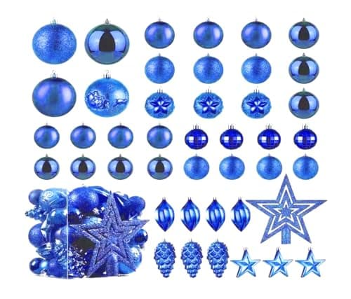 Image of Christmas Ball Baubles Decoration Tree Ornaments including Balls Stars and a Tree topper Shatterproof Xmas Hanging 43 Pieces Set Home Office Outdoor indoor (Blue, 43pc)