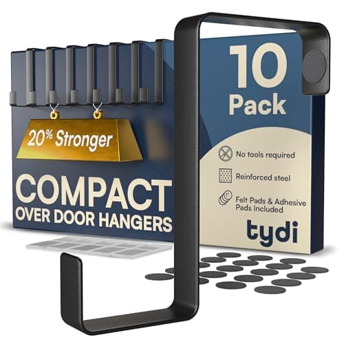 Image of Tydi Compact Over Door Hanger (10 Pack) – Holds 6KG – Reversible Fit for 3.6cm & 4.6cm Doors – Thick Stainless Steel Over Door Hooks with Felt & Adhesive Pads – Black