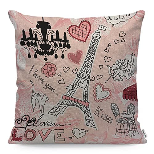 Image of WONDERTIFY Eiffel Tower Cushion Cover Love Paris Romantic Hearts Decorative Throw Pillow Covers For Couch, Bed Sofa Pillows Case Pink 45X45 Cm