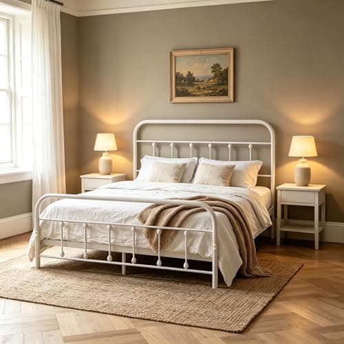 Image of Panana Solid Bedbase Small Double Metal Bed - White, 4FT Small Double Bed with Headboard & Footboard, Mattress Base for Bedroom Guest Room,198 * 127 * 95cm