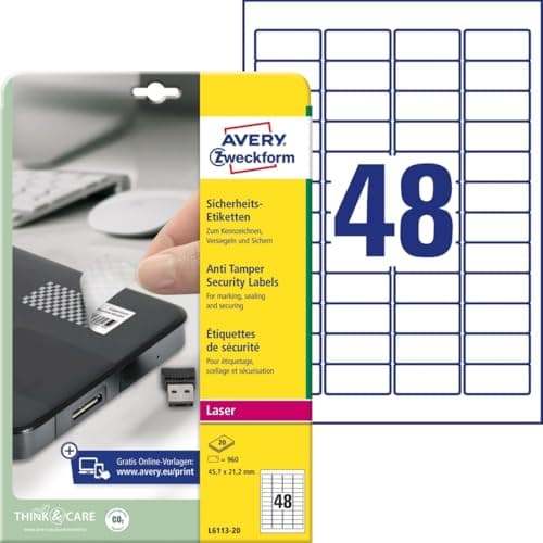 Image of Avery L6113-20 Extra-Strong Adhesive Anti Tamper Security Labels, 48 Labels Per A4 Sheet, White