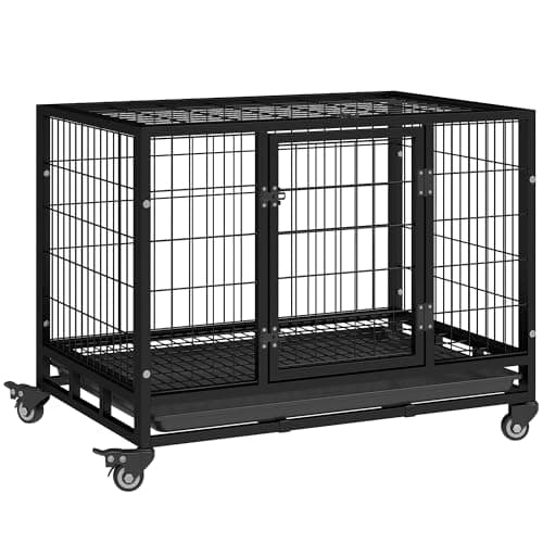 Image of PawHut 36" Heavy Duty Metal Dog Crate Pet Cage with Tray Wheeled Dog Kennel - Black (Medium)