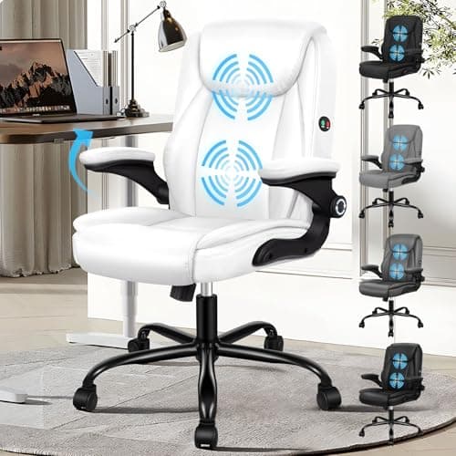 Image of ELFORDSON Massage Office Chair for Home, Executive Comfy Office Chairs with 90° Flip-up Armrests, Adjustable Height, Swivel, Ergonomic Heavy-duty Desk Work Chair, PU Leather, White