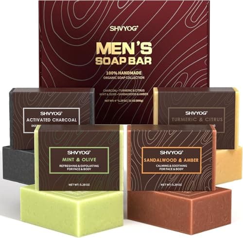 Image of 4 Pcs Natural Men`s Soap, SHVYOG Men`s Bar Soap, Handmade Exfoliating, Deep Cleansing, Refreshing, Moisturizing Bar for Body & Face - Sandalwood Amber, Mint, Charcoal, Turmeric, 600g