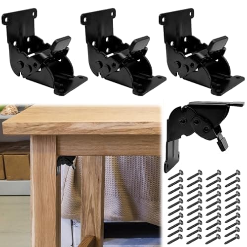 Image of 4 PCS 90 Degree Self Locking Foldable Hinges, Folding Lock Extension Table Bed Leg Feet Support, Self-Locking Hinge Table Leg Fittings and Gussets, or Table Bed Leg Feet Screws Included, Black