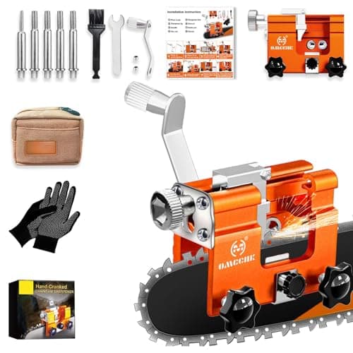 Image of OMCCHK Chainsaw Sharpener Kit, Portable Hand Crank Chainsaw Chain Sharpener Jig, 4-22 Inch Gas & Electric Chainsaws Compatible, Chainsaw Blade Sharpener with 5 Sharpening Burrs & Carry Bag