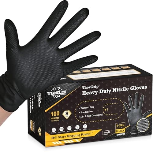 Image of TitanFlex 8 Mil Nitrile Disposable Gloves, Diamond Textured Heavy Duty, Powder Free, Latex Free, Black Work Gloves for Mechanics, Kitchen, Cleaning & Industrial Use (100, Large)