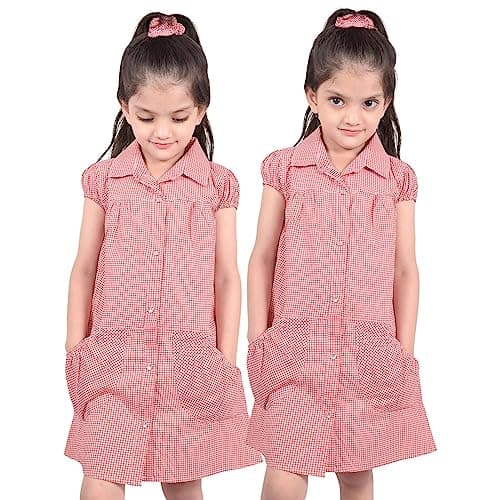 Image of A2Z 4 Kids Girls Dress Pack of 2 School Uniform Pleated Gingham Checked Summer - UF Dress 648 Red 2 Pack 7-8