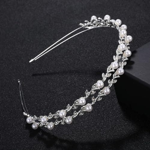 Image of Double-layer Pearl Rhinestone Headband Bridal Wedding Metal Hair Band Shiny Rhinestone Hair Hoop Decorative Headpiece Hair Accessories Ornaments for Women Girls (Silver)