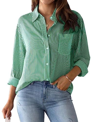 Image of MINTLIMIT Women's Striped Button Down Shirts Long Sleeve Casual Blouse Tops with Pockets for Women 2024 Green