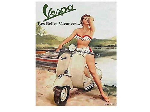 Image of Vespa les belles vacances motorbike scooter retro shabby chic vintage style picture metal wall plaque sign (150mm x 100mm)