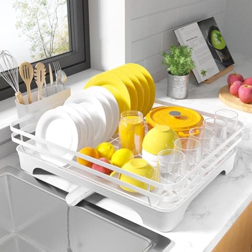 Image of Kitsure Dish Drainer Rack - Multi-Functional Dish Rack for Kitchen Counter with Cutlery Holder, Rust-Proof Storage Solution Dish Drainer with Rotatable, 40.0cm x 30.5cm x 14.0cm, White