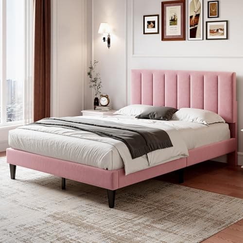 Image of Merax Upholstered Double Bed, 4FT6 Bed Frame with Adjustable Channel Tufted Headboard and Wooden Slatted Frame, Mute Foam, No Box Spring Needed, Easy Assembly, Velvet, Pink, 135x190cm