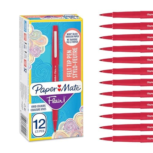 Image of Paper Mate Flair Felt Tip Pens | Medium Point (0.7 mm) Marker Pens | Red Pens | For WritingMarkingDrawing & Sketching | 12 Count