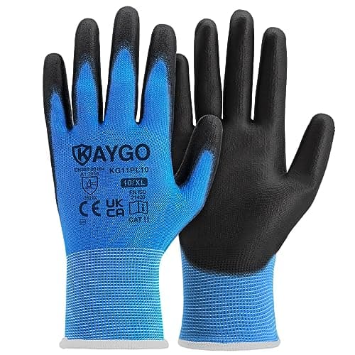 Image of KAYGO Work Gloves PU Coated-12 Pairs, KG11PL, Safety Working Gloves with Secure Grip on Palm & Fingers, for Men and Women, Ideal for General Purpose Light Duty Work, Gardening (X-Large, Blue)