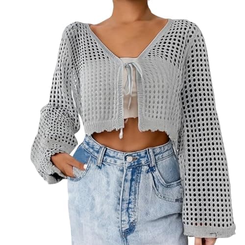 Image of Running Top Womens Women's Knitted Cardigan Tie Front Bell Long Sleeve Knit Crochet Crop Tops Ladies Dressy Lightweight Hollow Out Bolero Shrug Sweater Summer Beach Coverup for Dresses Grey