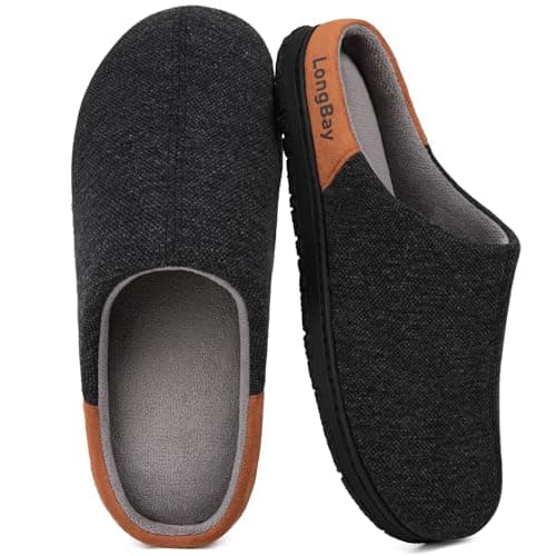 Image of LongBay Men's Knit Slippers Memory Foam House Shoes with Breathable Lining for Indoor Outdoor All Seasons, Knit Black 8UK