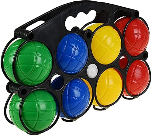 Image of Unibos | Large Boules Set 8pc Set| Classic Outdoor Games | Jack and Bowls Carry Holder | Pentanque Set | Family Garden Games | Summer Fun | French Boules Garden Game | Carry Case, Multi Colours