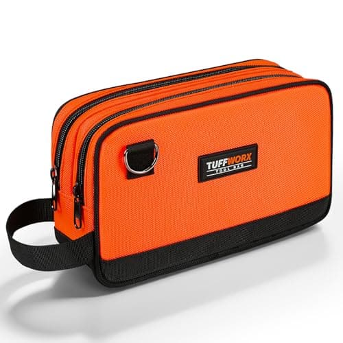 Image of TUFFWORX Small Tool Bag, Multipurpose Zippered Tool Pouch Bag with Dual Compartment, 26 x 8 x 16 cm Portable Tool Storage Organizer, Orange