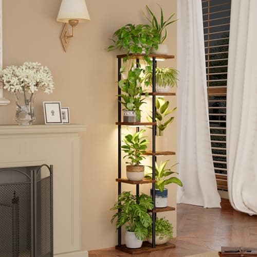 Image of Bamworld Plant Stand with Grow Light for Indoor Plants Corner 7 Tier Metal Plant Shelf Wood Flower Stand for Home Living Room Decor Patio Decor