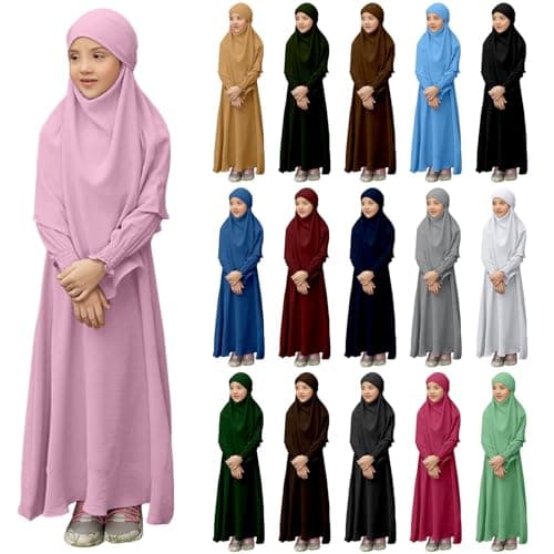 Image of Muslim Dress for Girls Islamic Prayer Abaya Long Sleeve Cardigan Kaftan Robe Dresses with Hijab Ramadan Dubai Outfits Childrens Kaftans Thobe for Kids (1-Pink, 9-10 Years)