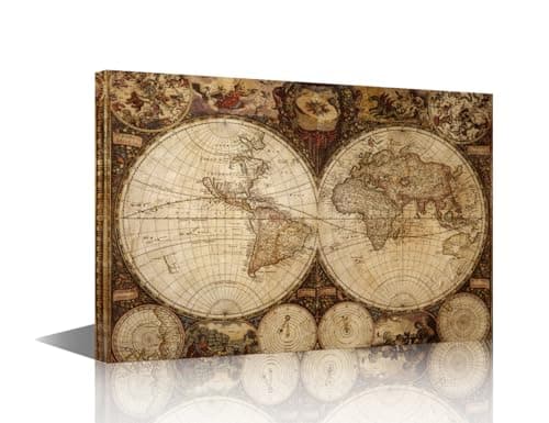 Image of TISHIRON Bedroom Wall Decor Vintage Map Wall Art World Map Home Decor Ancient Maps Home Decorations for Living Room Bedroom Decor Modern 1 Piece Artwork Framed Ready to Hang (12''Wx18''H)