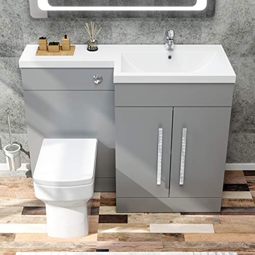Image of ELEGANT 1100mm L Shape Bathroom Vanity Sink Unit Furniture Storage,Right Hand Matte Grey Vanity unit + Basin + Ceramic Square Toilet with Concealed Cistern