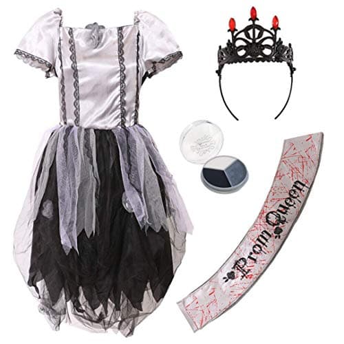 Image of GIRLS UNDEAD ZOMBIE PROM QUEEN HALLOWEEN COSTUME. GOTHIC GIRLS FANCY DRESS COSTUME WITH TATTERED GREY & BLACK PROM DRESS, BLACK TIARA, BLOOD-STAINED PROM QUEEN SASH, FACEPAINT & FAKE BLOOD. LARGE