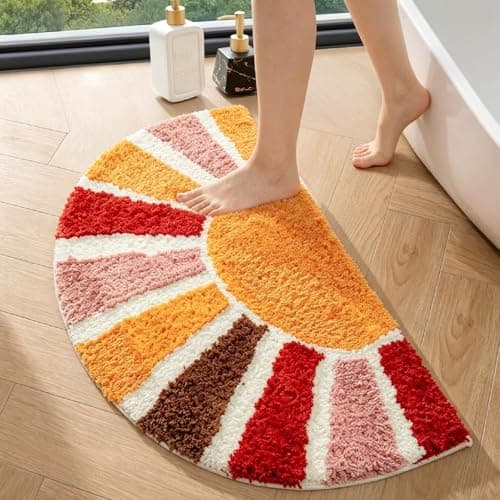 Image of TourKing Boho Bath Mat Small 40x76 cm, Half Circle Non Slip Bathroom Mats for Bathroom, Super Absorbent Rainbow Floor Mat, Cute Machine Washable Anti-Skid Shower Rug for Home Front Door Indoor
