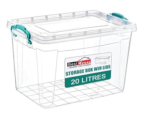 Image of Best House | Plastic Storage Box with Clips & Lid | 20 Litres | Pack of 1 | L 43cm x W 28cm x H 27cm | Rectangle | Stackable Clear Durable Multipurpose Office Home Kitchen Tools (MEDIUM Size)