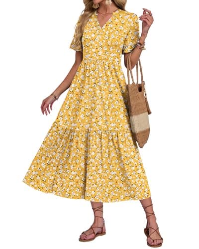 Image of AUSELILY Maxi Dresses for Women UK V Neck Casual Long Summer Dress Short Sleeve Beach Cover-ups Swing Floral Ladies Dresses with Pockets Yellow Floral L