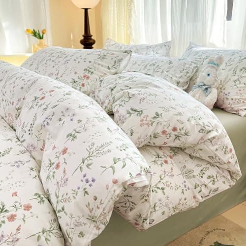 Image of Michorinee Floral Duvet Cover Set King 100% Cotton Green Pink Chic Flower Plants Botanical White Bedding Set with Zipper Closure and 2 Pillow cases 50 x 75 cm
