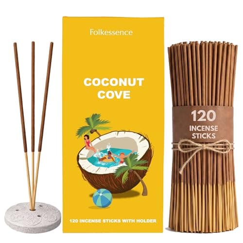 Image of Folkulture Incense Sticks with Holder (120 Sticks) | Coconut Cove 2.0 Incense for Home & Aromatherapy | Long Burning, Charcoal-Free, Non-Toxic Incense for Summer Vibes | Home Decor gifts