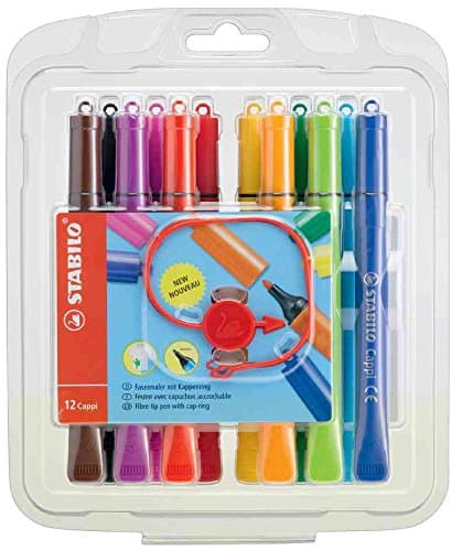 Image of Fibre-Tip Pen with Cap-Ring - STABILO Cappi - Pack of 12 + 1 Pack Ring - Assorted Colours