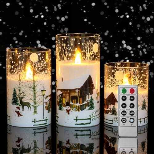 Image of CANDLE IDEA 3PCS White Christmas Glass Flickering Flameless Candles with Snowman Decal,Real Wax Battery Operated LED Window Pillar Candles with 10-Key Remote and Timer Function for Holiday Home Decor